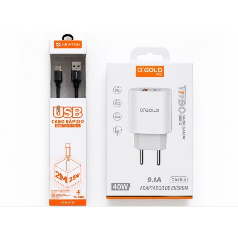 Kit Carregador Turbo 40W α’Gold Pro + Cabo USB-C Rápido 2M Newton