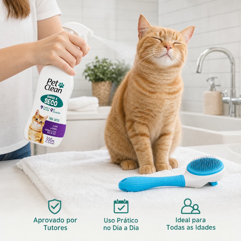 Kit Banho a Seco Gatos Pet Clean 300ml + Escova Pet 3 em 1 com Dispenser Tira Pelos