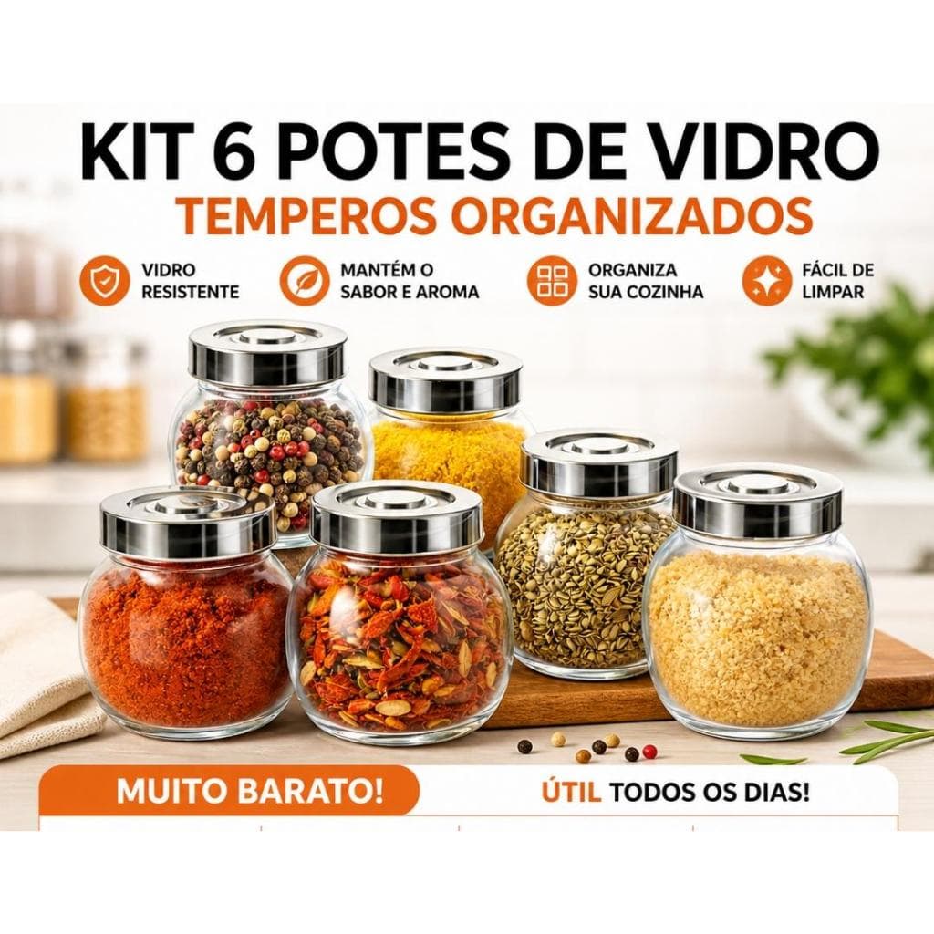 Conjunto 6 Potes de Vidro 100ml com Tampa Cromada | Porta Temperos, Doces e Condimentos | Organizador de Cozinha
