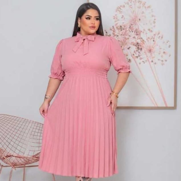 Vestido  Evangélico Midi Plissado Plus Size Elegante
