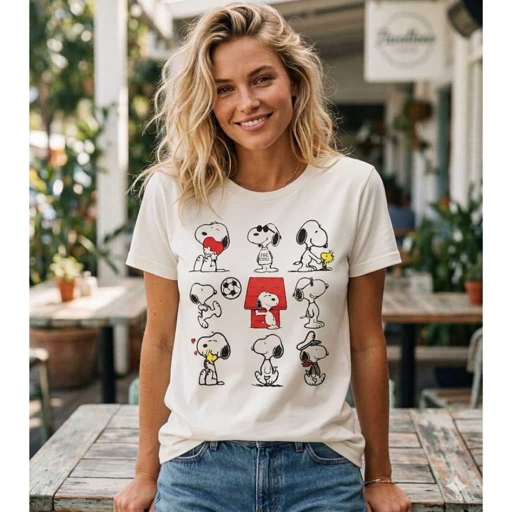 Camiseta Feminina Snoopy Off-White Algodão Premium Estampa Divertida Casual Elegante Tendência Atual