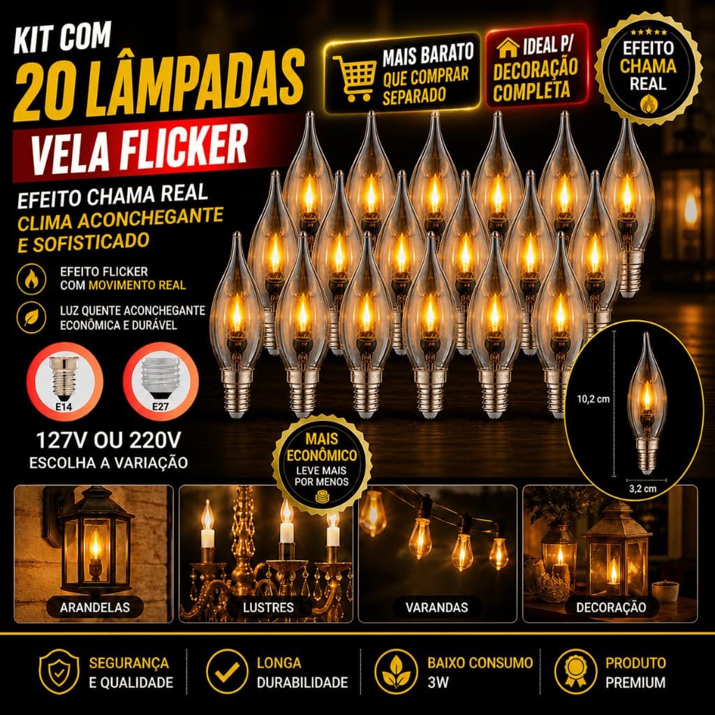 Kit 20 Lâmpadas Decorativas Efeito Chama Vela Flicker Sadokin