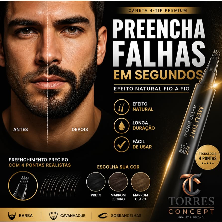 Caneta Preenchedora Barba Sobrancelha 4 Pontas Efeito Natural Corretor de Falhas Masculino Premium