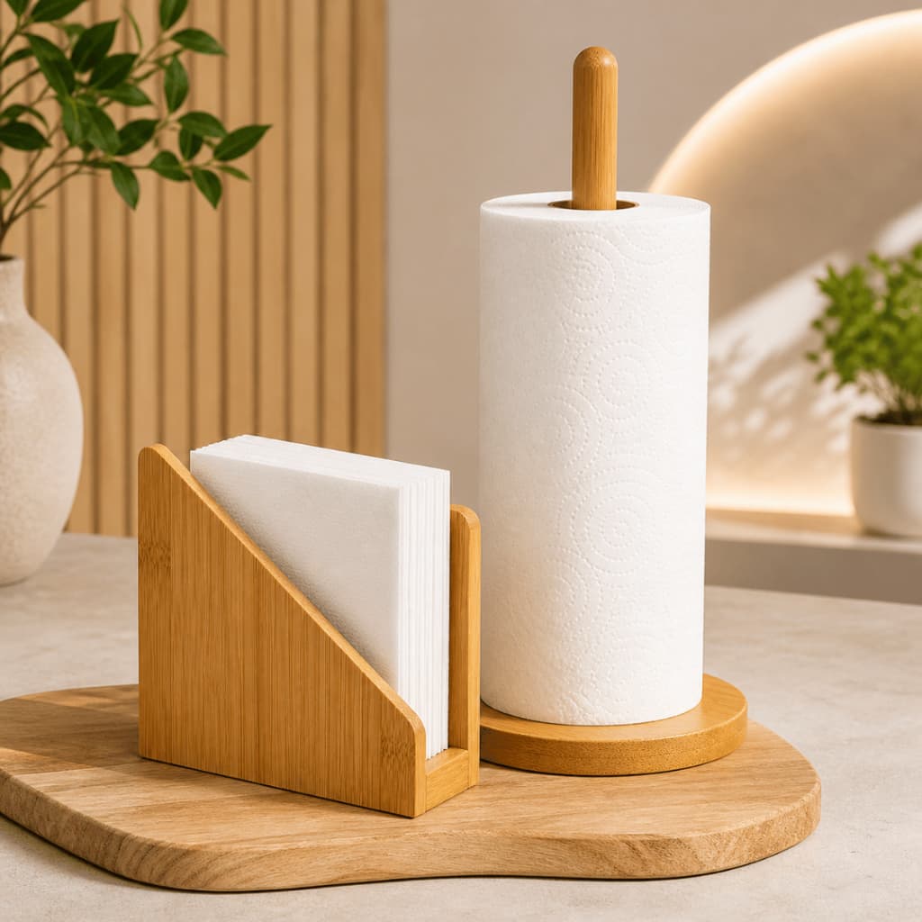 Kit Bambu Porta Guardanapo + Suporte de Papel Toalha Grande para Mesa Bancada Cozinha
