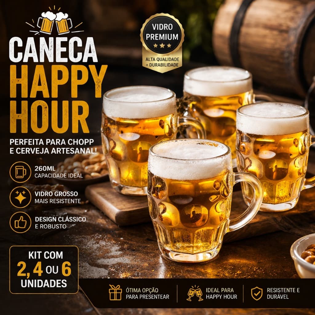 Jogo 2/4/6 Canecas de Vidro 260ml Happy Hour | Ideal para Chopp e Cerveja Artesanal