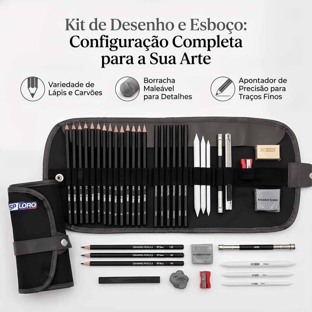 Kit Desenho e Esboço Completo com Lápis 2H-8B Carvão Estojo Profissional