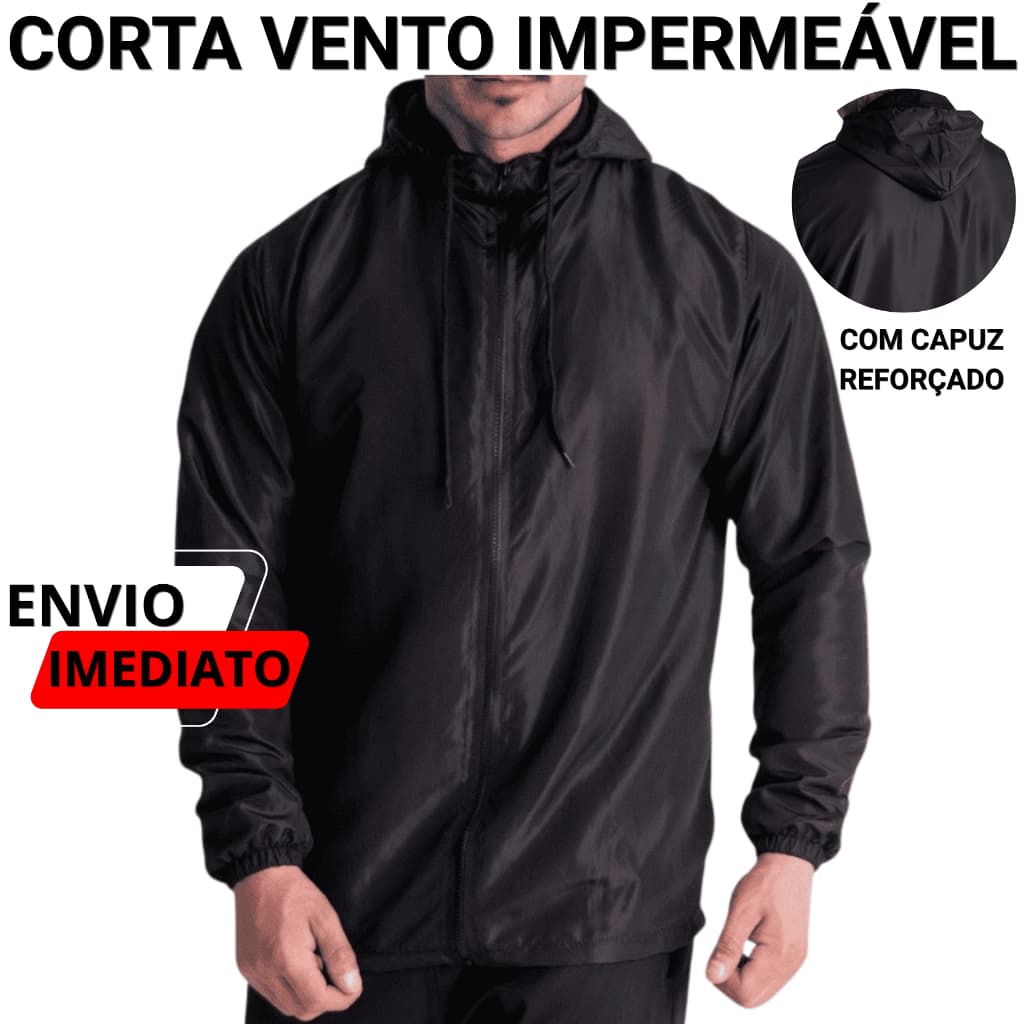 Jaqueta Corta Vento Preta Masculina Impermeável a Prova de Chuva Casual com Capuz e Bolsos