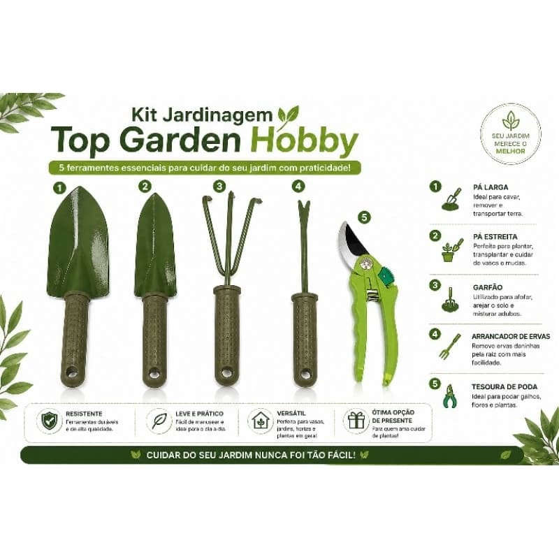 Kit Jardinagem 5 Peças Top Garden Hobby Pá Garfo Ancinho Tesoura Ferramentas Jardim Premium
