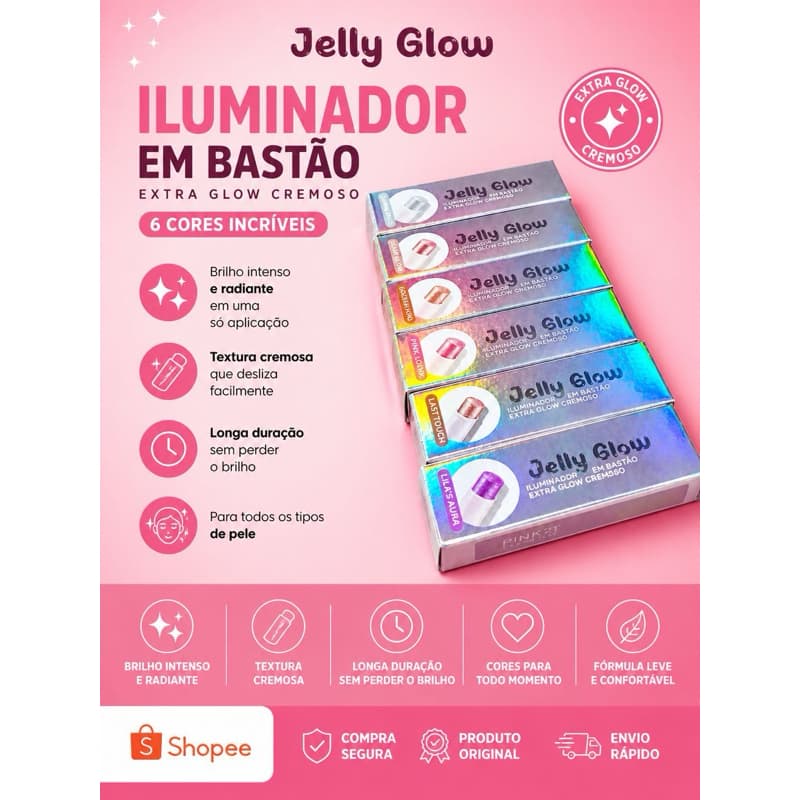 Iluminador Bastão Cremoso Jelly Glow Pink 21 Glow Intenso Longa Duração 6 Cores