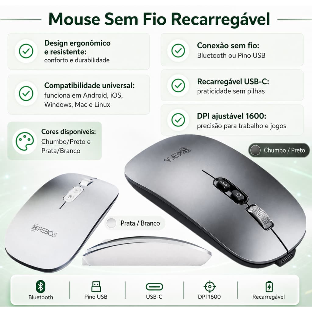 Mouse Sem Fio Recarregável Bluetooth e Pino USB DPI Ajustável Ergonômico Compacto