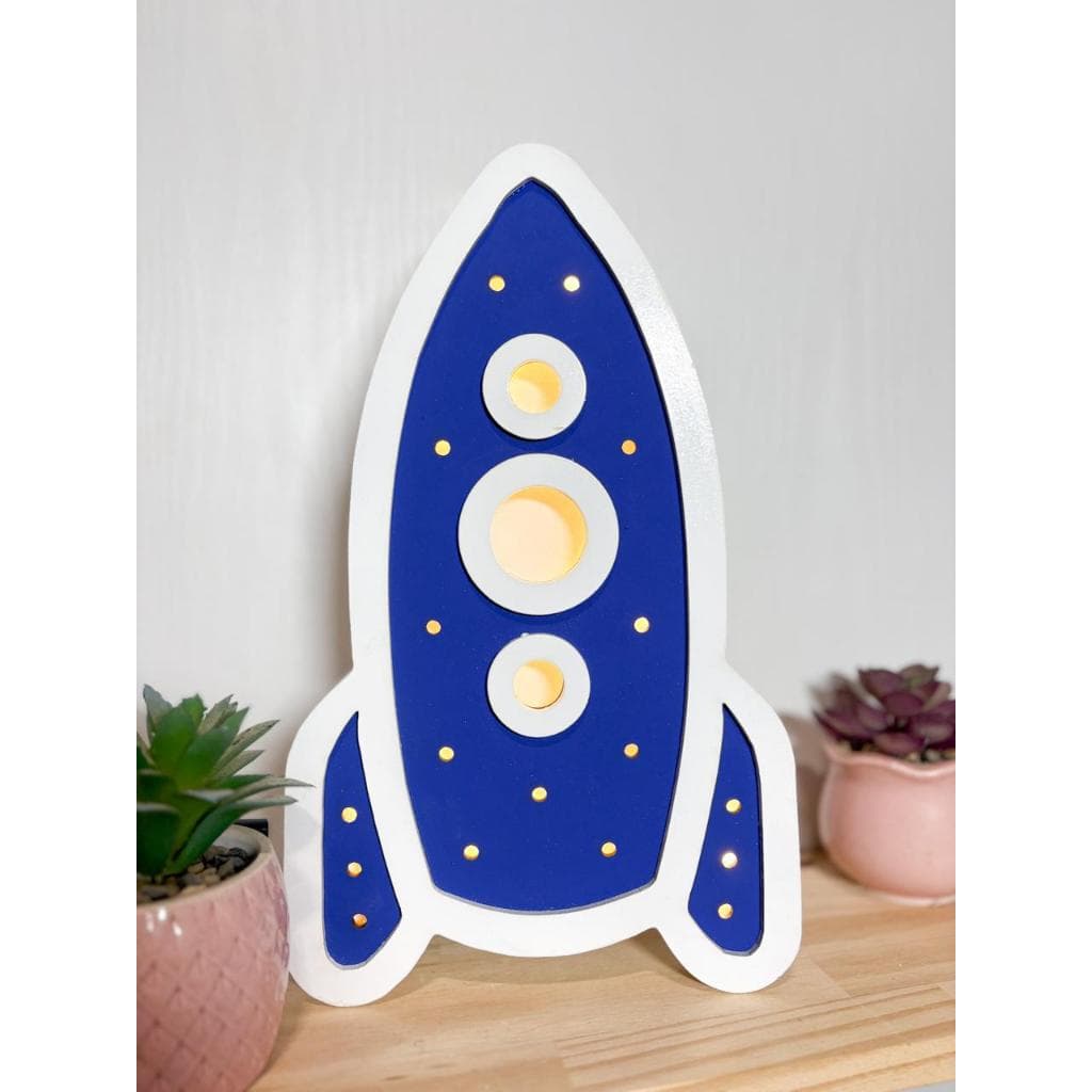 Luminária De Mesa Foguete Azul E Branco MDF Decoração Nicho E Prateleira