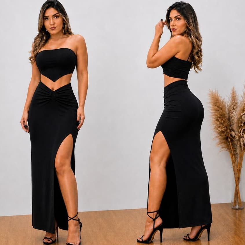 Conjunto Lana Saia Longa Com Fenda + Cropped Moda Gringa 2026 Suplex Premium