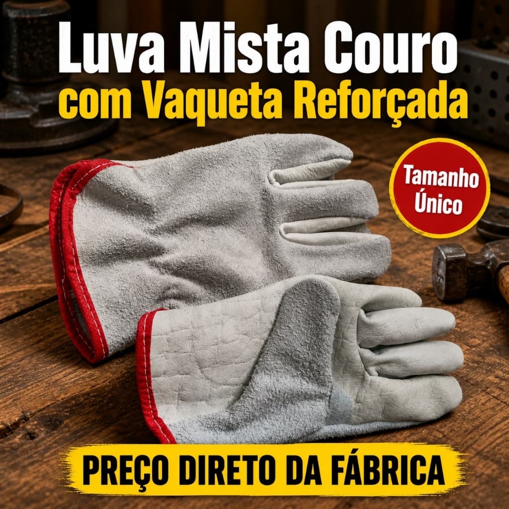 Luva Mista Couro Vaqueta Reforçada Tamanho Único EPI Segurança Trabalho Pesado Serviços Gerais Envio Imediato