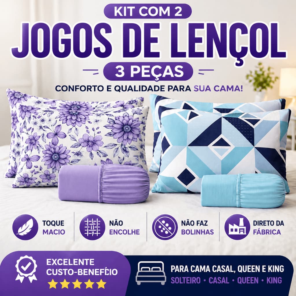 Kit 2 Jogos De Lençol Cama Solteiro 2 Peças Malha Premium