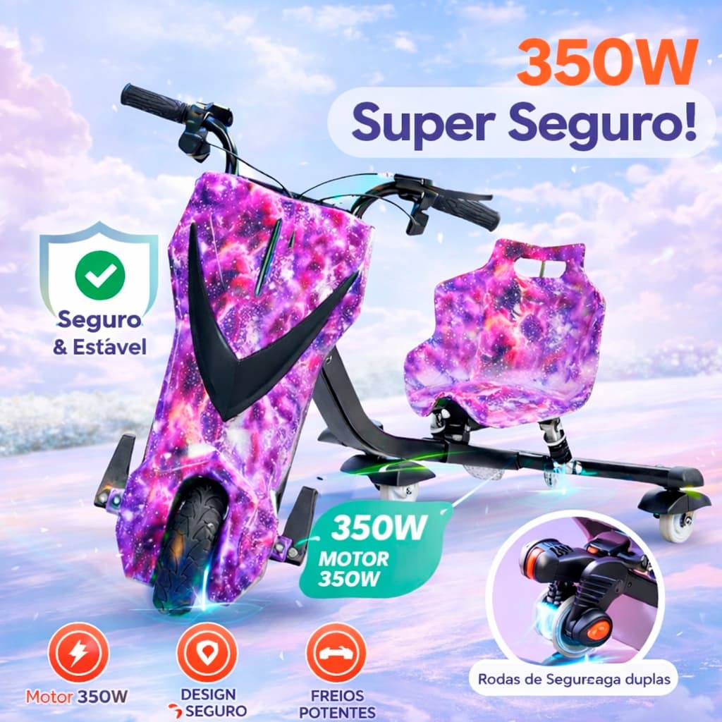Triciclo Elétrico Drift Motorizado 350w 8'Polegadas Adulto/Infantil Bluetooth Luz Led 3 Velocidades