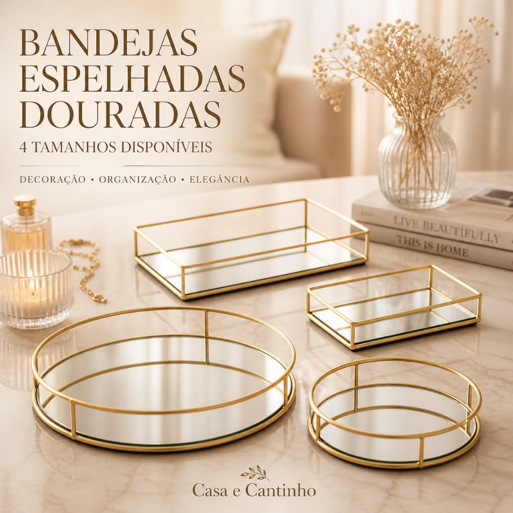 Bandeja com Espelho Decorativa Espelhada Multiuso Retangular ou Redonda para Penteadeira ou Banheiro