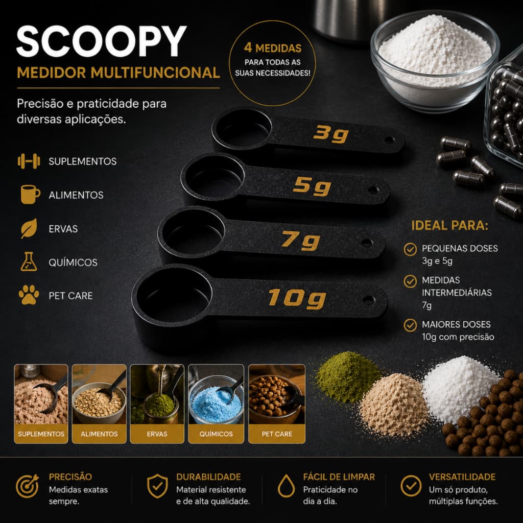 Scoopy Dosador 3g 5g 7g 10g Medidor Suplementos Alimentos Ervas multiuso Precisão