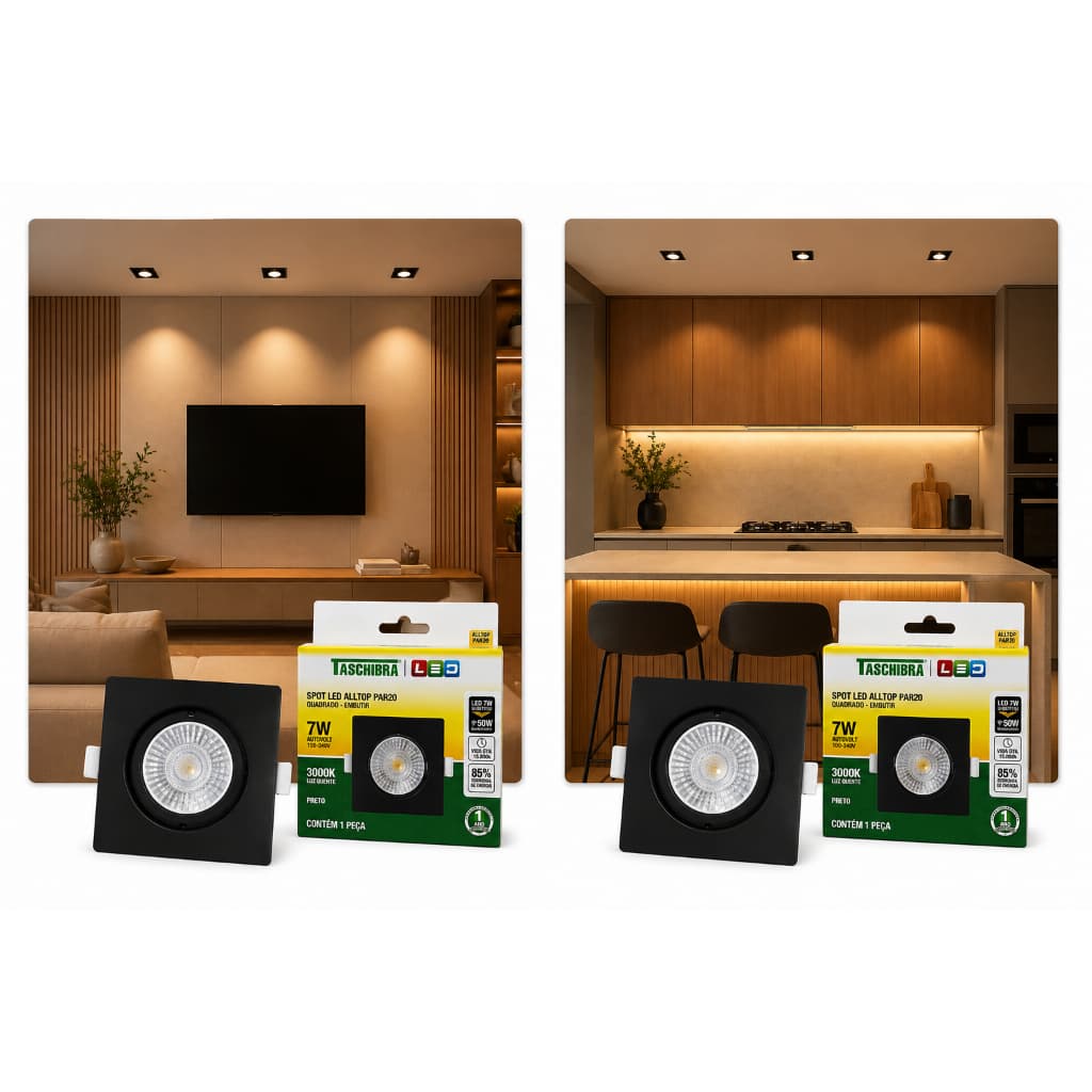 Espote Quadrado Preto 7w Luz Amarela Spot De Led Embutir 2pç