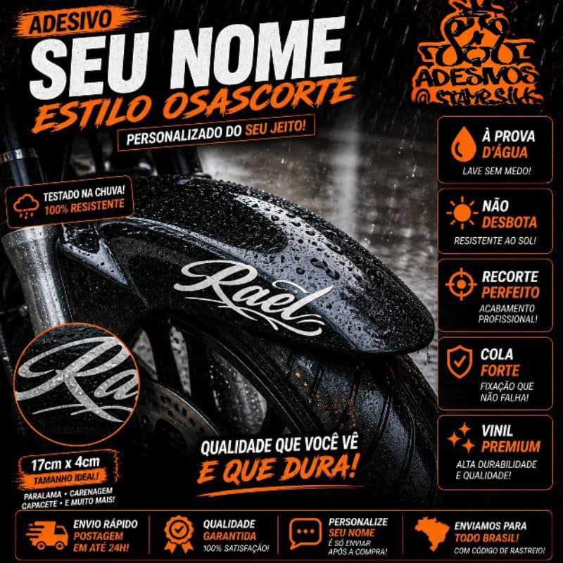 Adesivo Personalizado com Nome Estilo Osascorte Vinil Premium À Prova D’Água Moto Bike Carro, Brilho Top 17x4cm