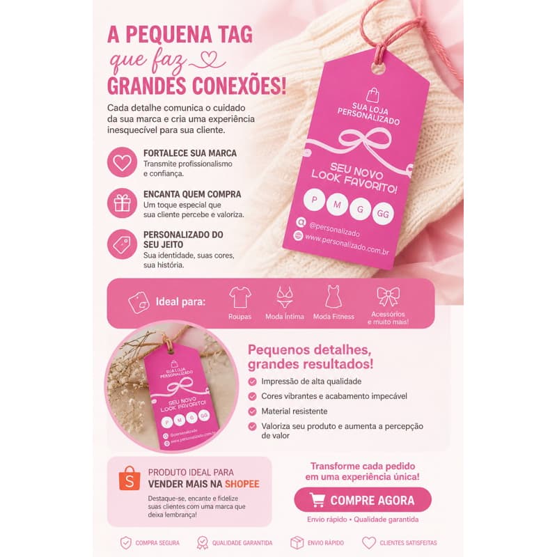 Tags Personalizadas para Roupas | Papel 180g | Arte Grátis | Loja Boutique | Com Furo