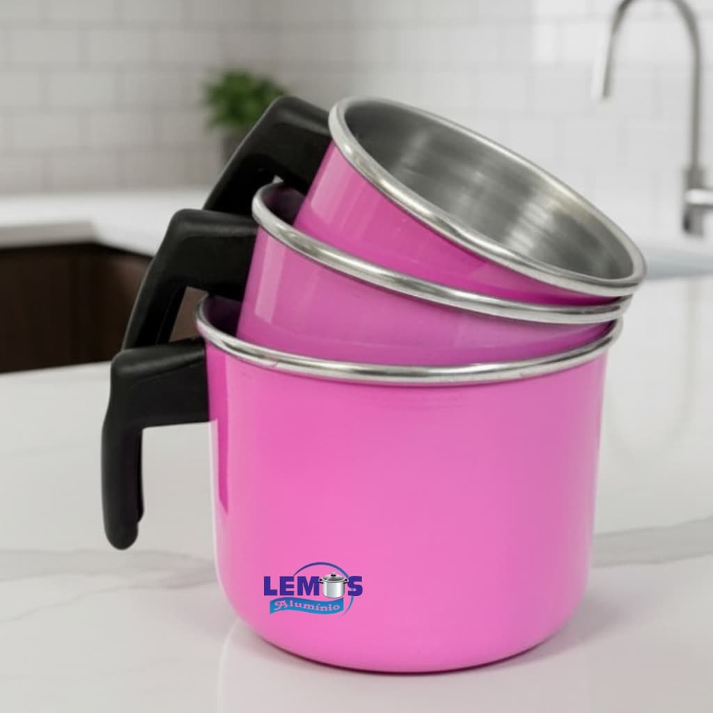Jogo Kit 3 Peças Caneca Leiteira Fervedor Na Cor Rosa N12 - 14 -16 Material Em Alumínio