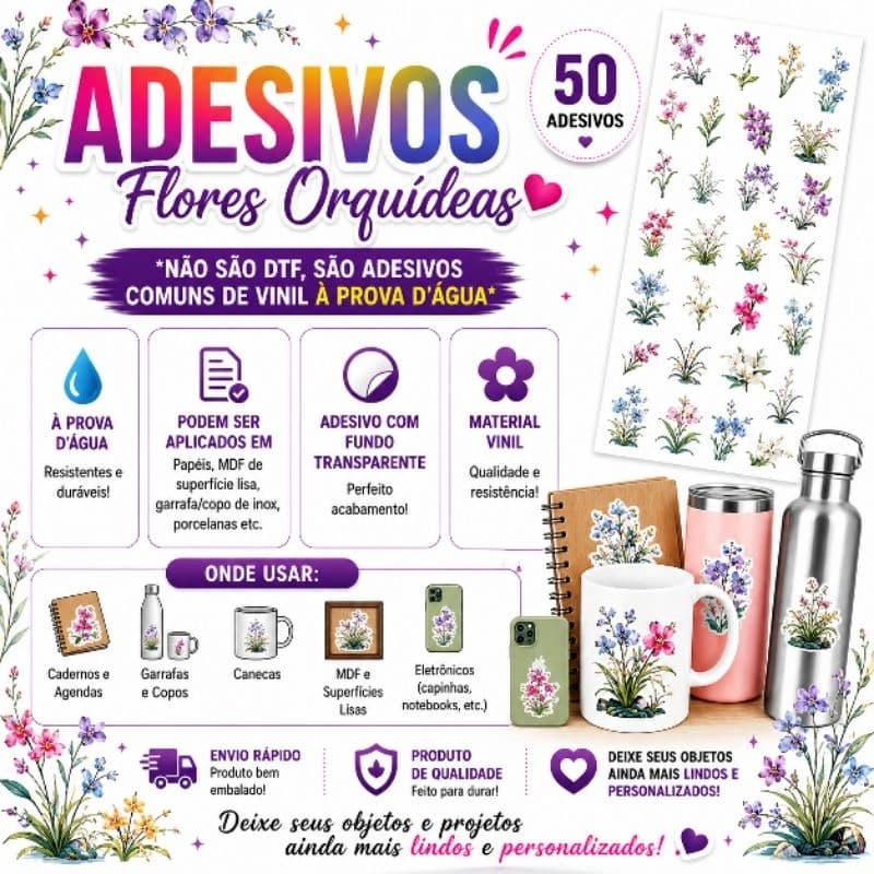 Kit 50 Adesivos Flores Orquídeas Fundo Transparente Vinil Á Prova D'água