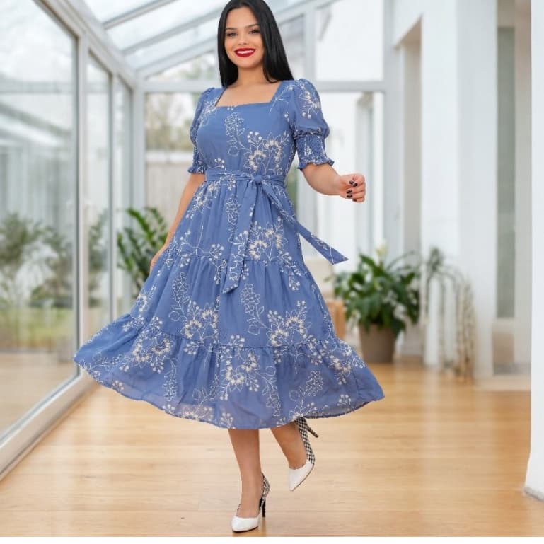 Vestido  feminino Midi Elegante Saia Três Marias, Lastex Nas costas e Nas Mangas - Tecido Duna