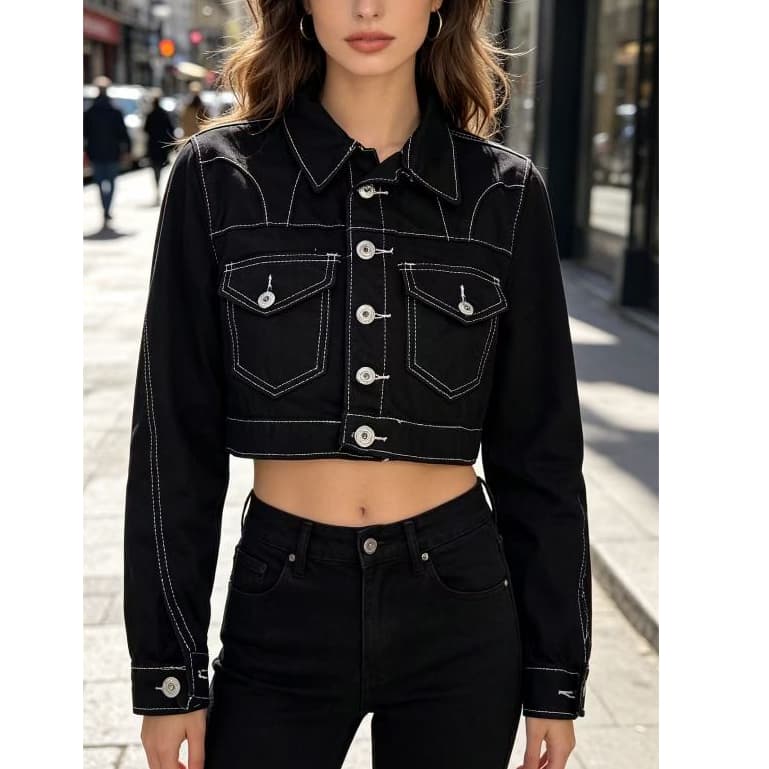 Jaqueta Jeans Feminina Linha Premium jaqueta preto com linho branco