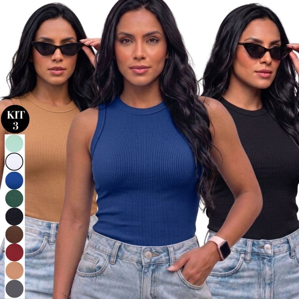 Kit 3 Blusa Regata Feminina Canelada Ribana Básica Casual Premium