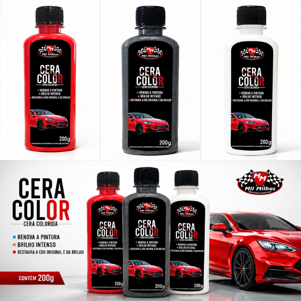 Cera Automotiva Colorida 200g Mil Milhas | Renova Pintura | Brilho Intenso | Cera Color