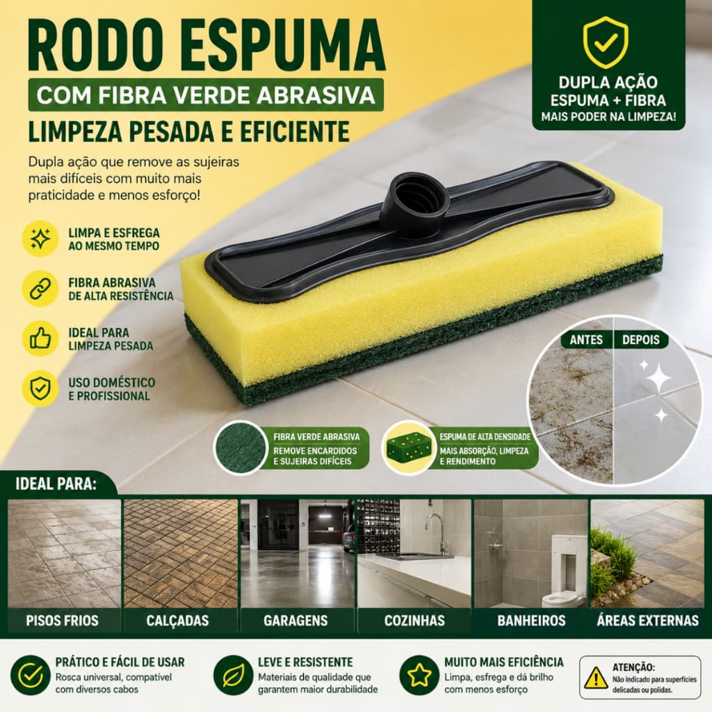 Rodo Espuma Com Fibra Verde Abrasiva Limpa Tudo Limpeza Pesada Multiuso