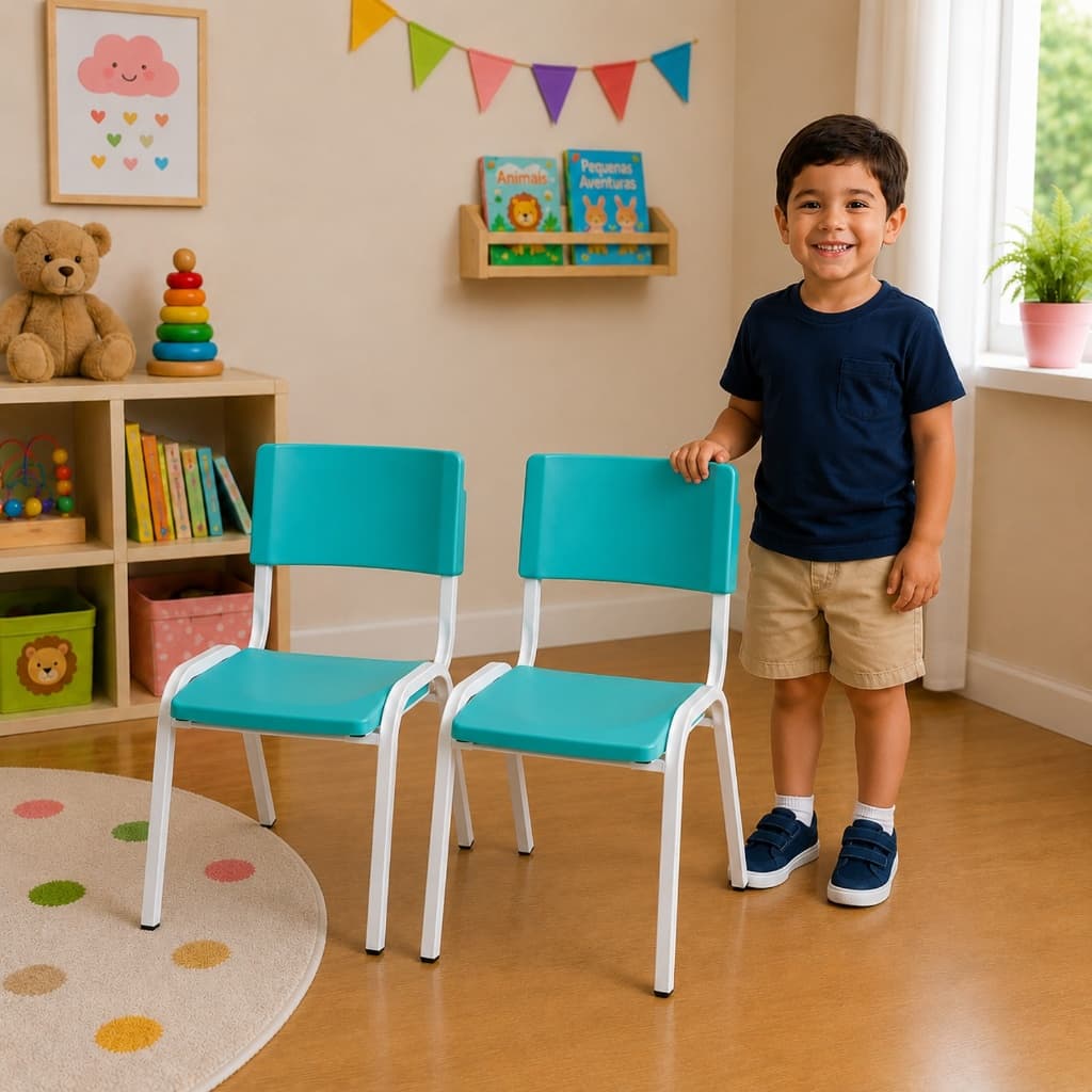 2 Cadeiras ISO Infantil Verde Água Empilhável – Estrutura Fixa em Aço para Escola e Brinquedoteca