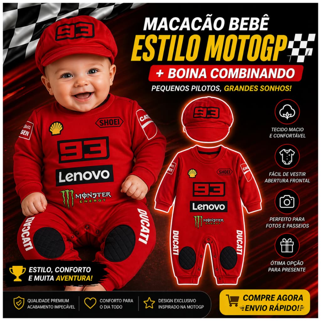 Macacão + Boina  De Bebê MotoGp Corrida Piloto MARC MARQUEZ 93