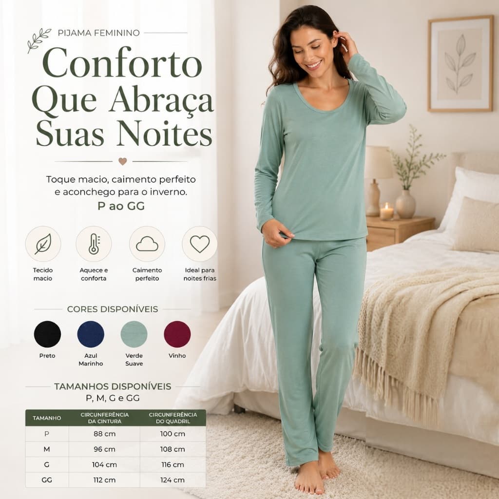 Pijama De Inverno Feminino Manga Longa Suede Linha Noite