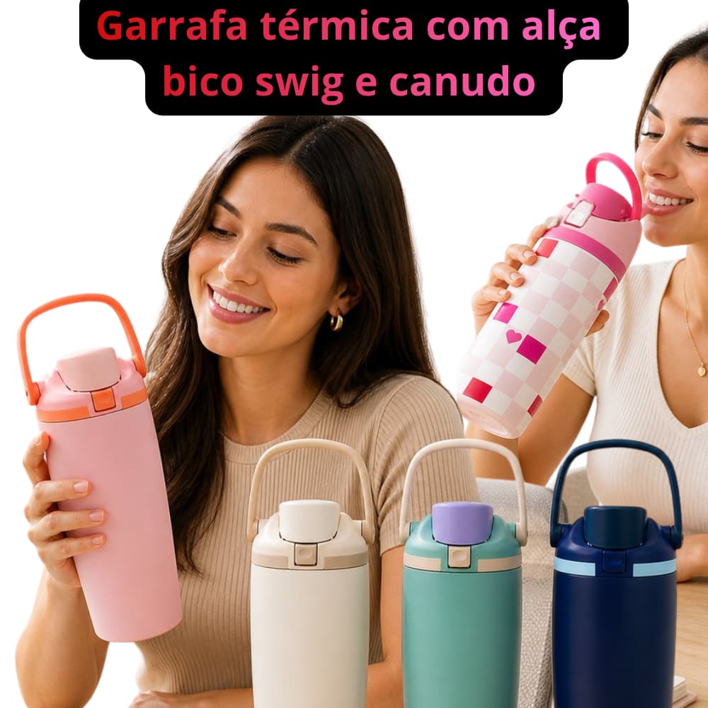 Garrafa Térmica 900ml Com Alça E Canudo Anti Vazamento Academia Trabalho Viagem