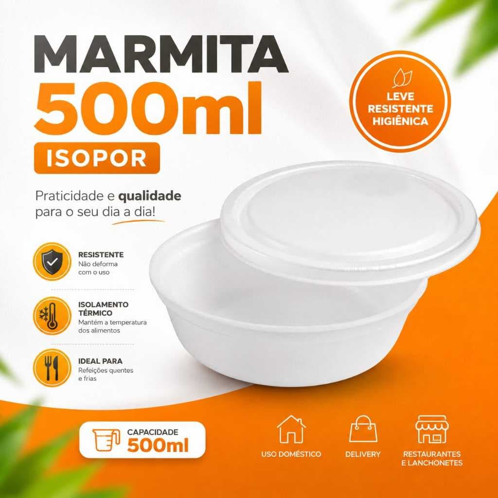 Marmita Isopor 500ml C/Tampa - 100 unidades/ PT-100Q
