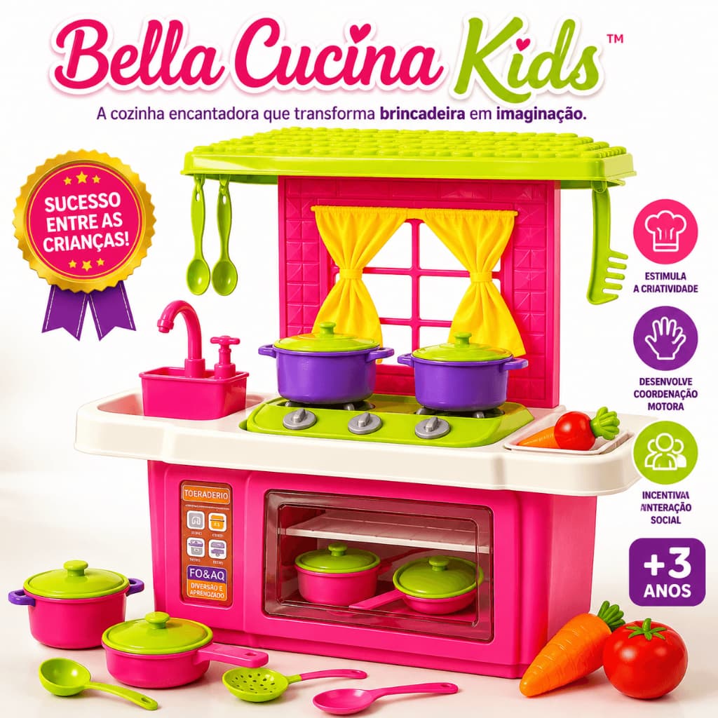 Bella Cucina Kids™ Cozinha Infantil Completa Com Forno Pia Fogão Panelinhas e Acessórios Educativos Menina 3+ Anos