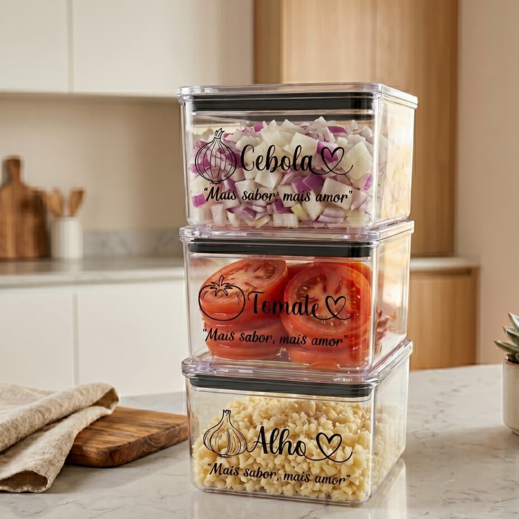 kIT 3 Potes 480ml Porta Tempero Alho Cebola Tomate Organizadores Herméticos Acrilico Geladeira Cozinha
