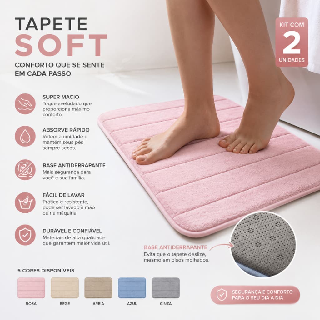 Kit 2 Tapetes Soft Antiderrapante Para Banheiro 40x60 cm Várias Cores
