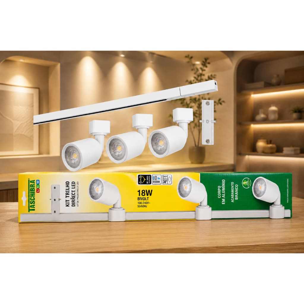 KIT TRILHO SPOT 18W LED LUZ AMARELA 3000K LUMINARIA DE TETO BRANCA BIVOLT DIRECIONAVEL