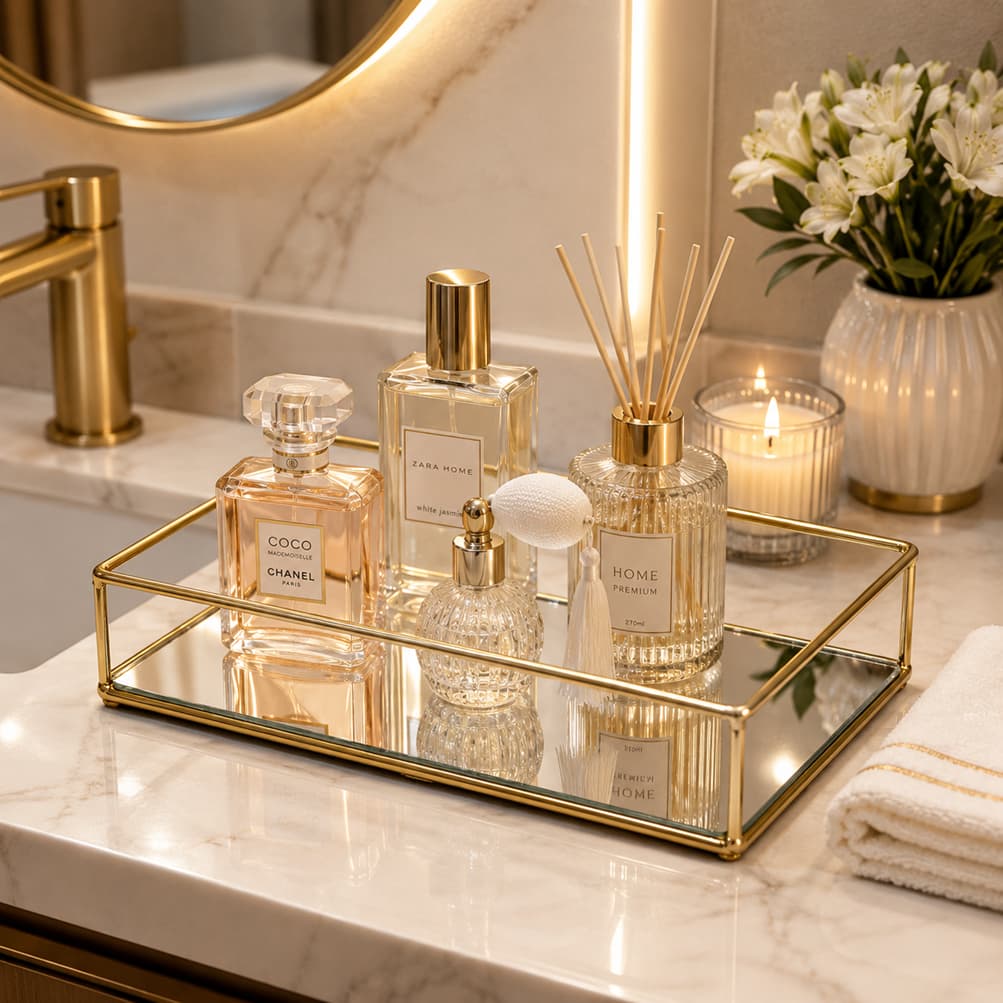 Bandeja Metal Espelhada Retangular Decorativa Lavabo Banheiro Porta Perfumes Penteadeira