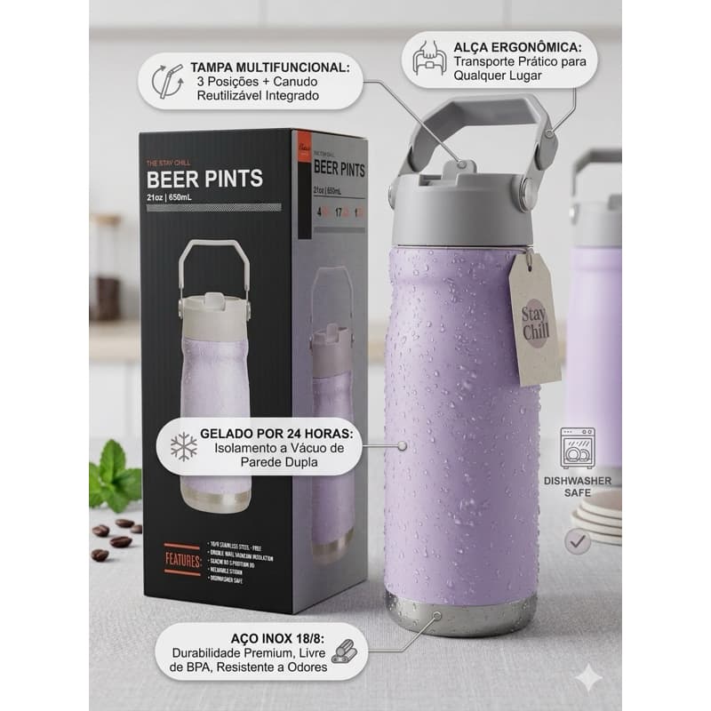 Garrafa Térmica 650Ml De Aço inoxidável Com Alça e Canudo