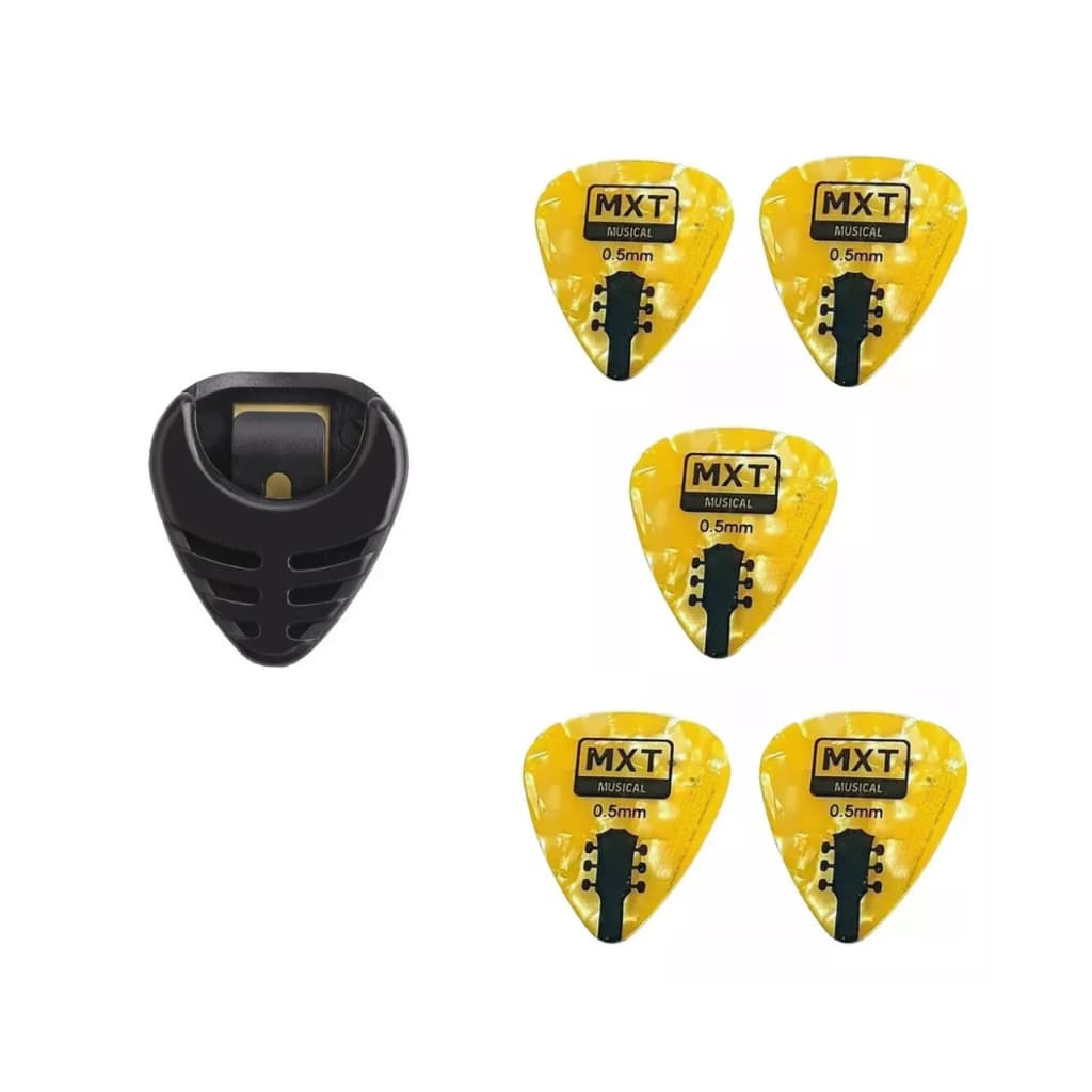 KIT 5 PALHETAS 0.5MM AMARELO + PORTA  PALHETA