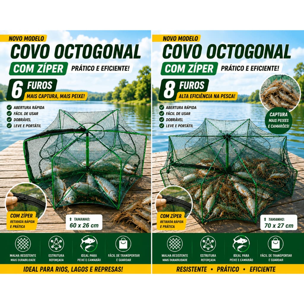 Armadilha de Pesca Portátil Dobrável Covo Octogonal Novo Modelo Super Captura
