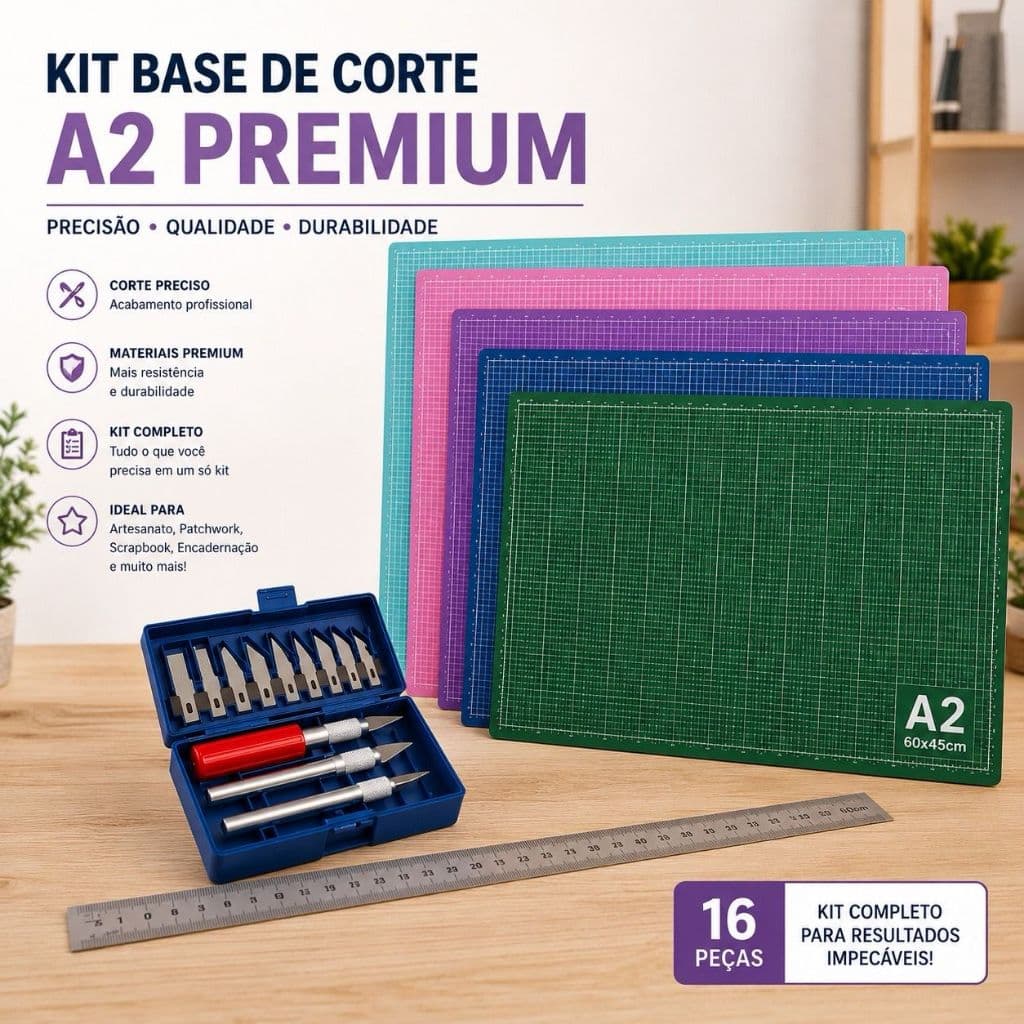 Kit Base de Corte A2 Profissional Premium 60x45 + Régua Aço 60cm + Estilete Precisão 16 Peças Para Patchwork Scrapbook