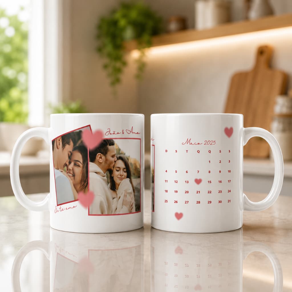 Caneca com Foto Casal Namorados Personalizada Presente Romântico com Nome e Data Xícara