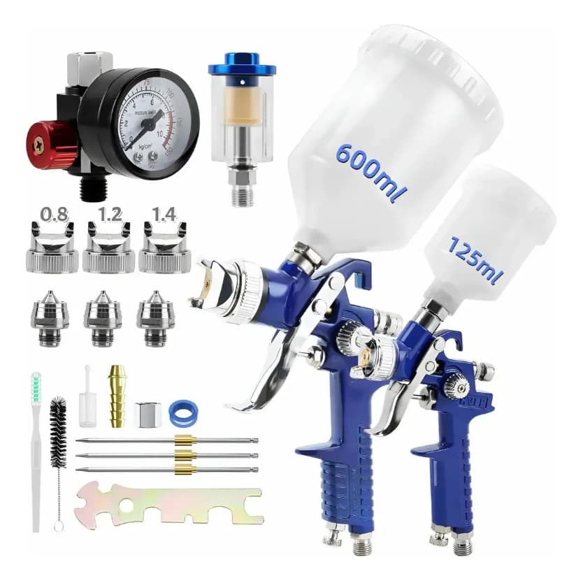 Kit 2 Pistolas de Pintura Profissional 3 Bicos 0,8/1,2/1,4mm Copo 125ml+600ml Regulador de Pressão Micro Pintura