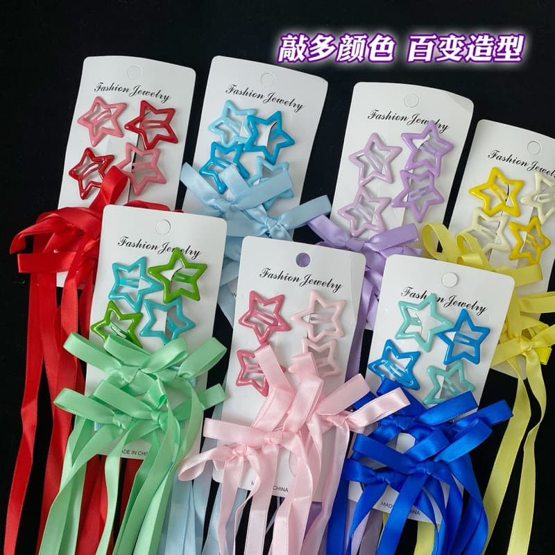 Kit Presilhas Estrela + Laço com Fita de Cetim para Cabelo