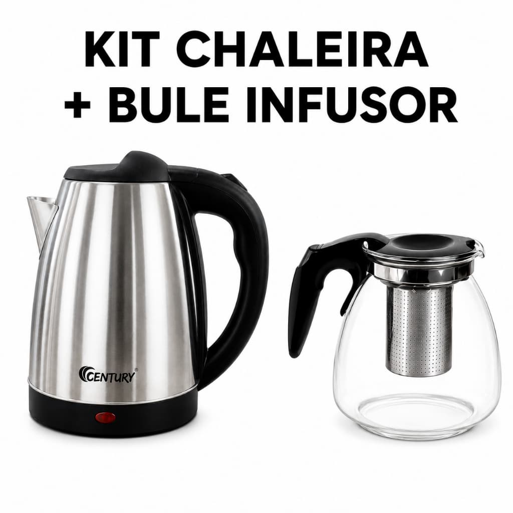 KIT Chaleira Elétrica e Bule Difusor com filtro - 127 ou 220V Jarra 1,8 Litros Resistente Inox Cromada Prático