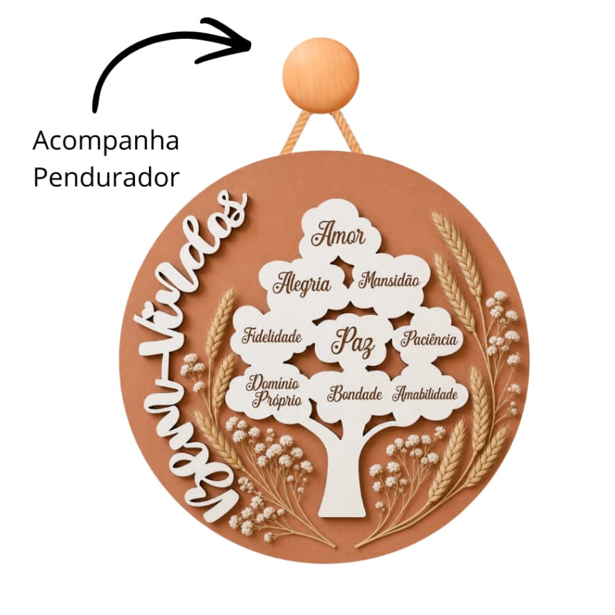 Enfeite de Parede Árvore da Vida Frutos do Espírito Santo MDF Boho Decoração Religiosa Moderna Bem-Vindos